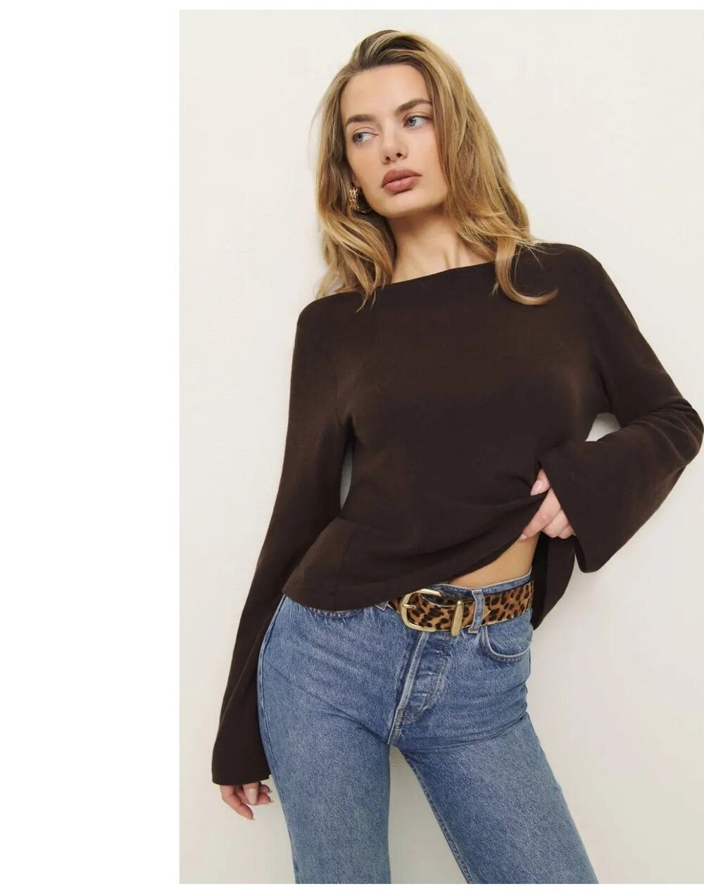 Reformation Organic Cotton Blend Eternity bell sleeves top M brown quiet luxury